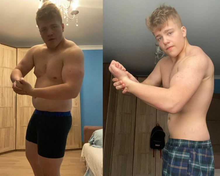 На фото слева масса тела Валентина 106 кг, справа после 30 дней сушки в фитнес проекте Жиротопка - 90 кг